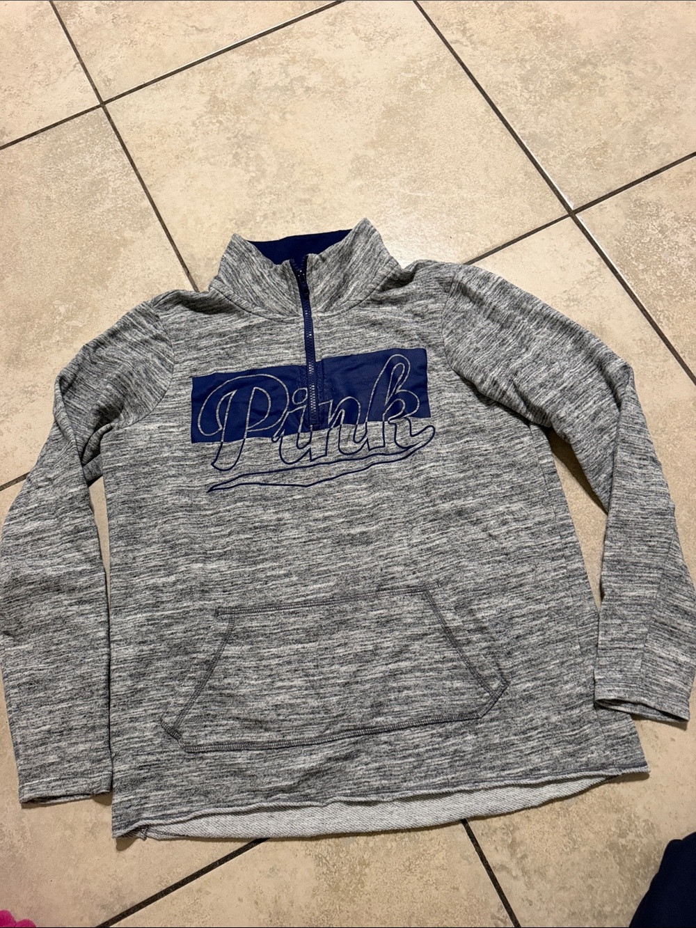 PINK Victoria's Secret Heather Gray Half-Zip Sweater with Navy Logo